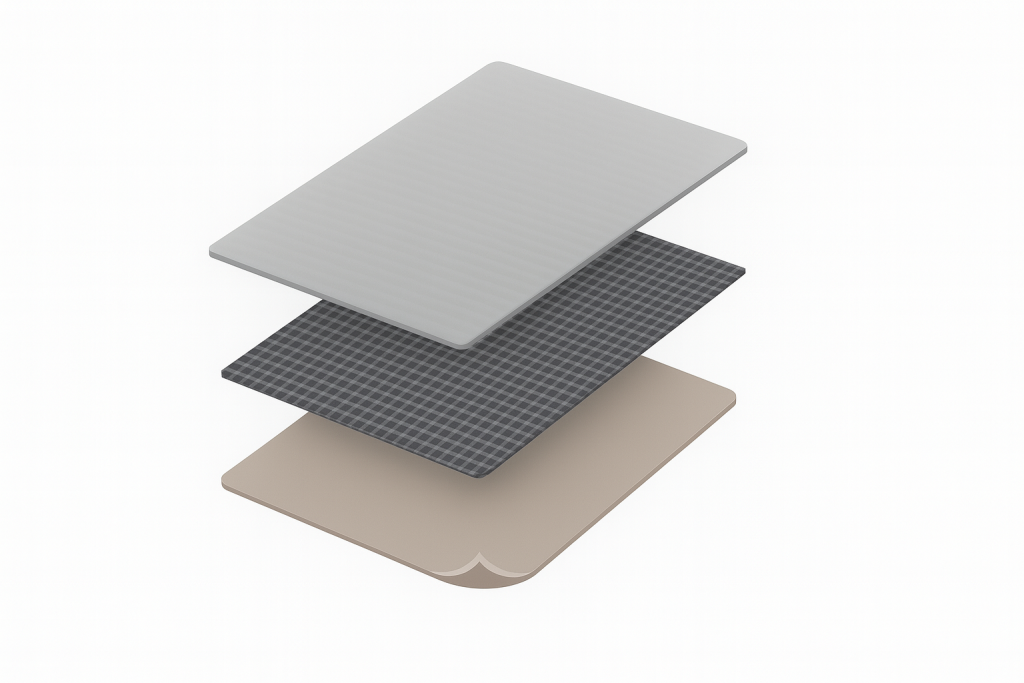 Explodido das camadas da fita silver tape: filme de polietileno, trama de tecido reforçada e base adesiva de borracha sintética.