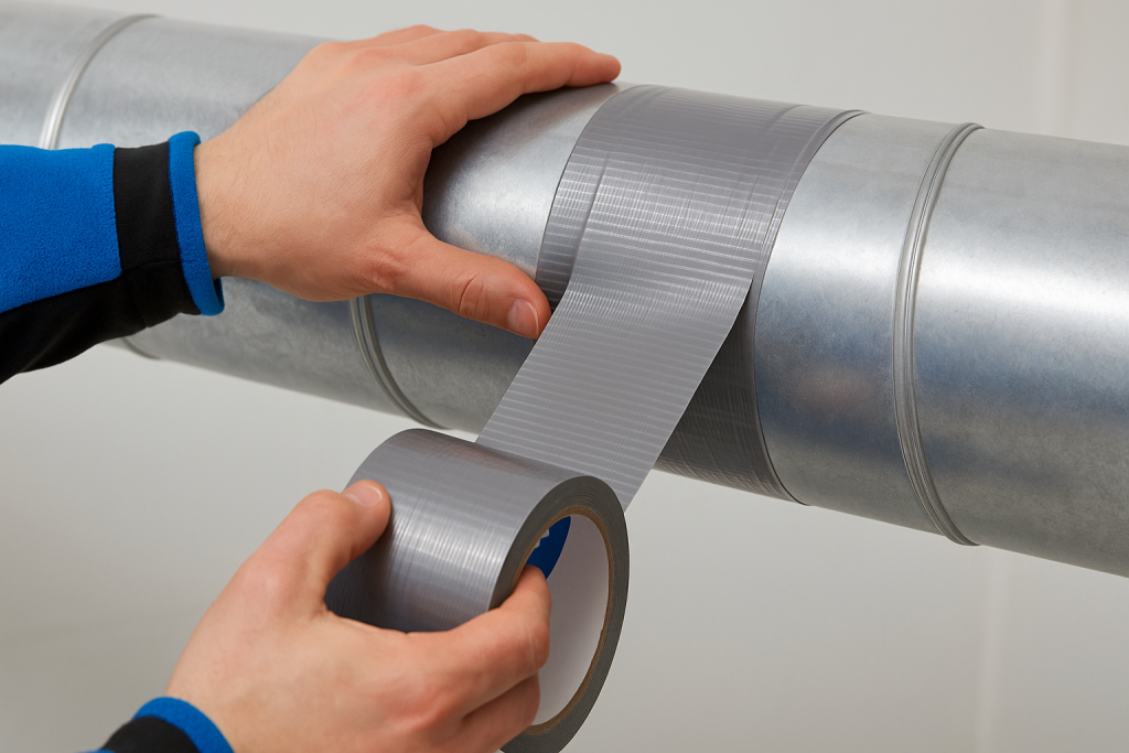 Mãos aplicando fita silver tape para vedar a junta de um duto HVAC galvanizado, com sobreposição correta.