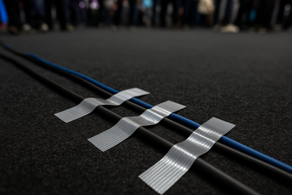 Fita silver tape fixando cabos no chão de evento, com tiras prateadas perpendiculares aos cabos em piso escuro.