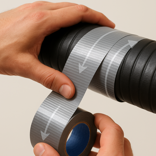 Mãos aplicando fita silver tape em espiral com sobreposição de 50% para vedar mangueira preta.