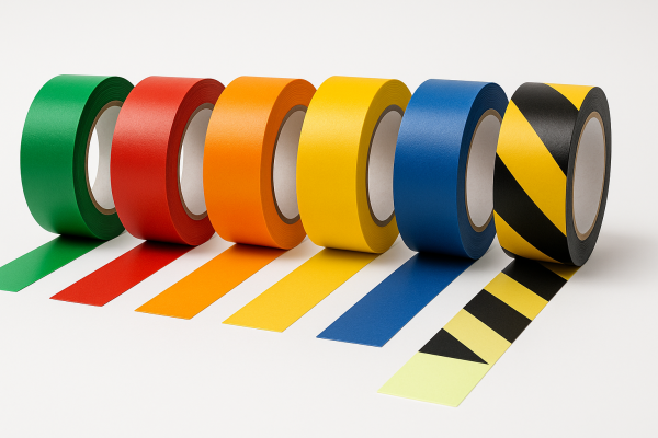 Rolos de fitas de demarcação nas cores verde, vermelho, laranja, amarelo, azul e zebrada amarelo-preto, com tiras estendidas.