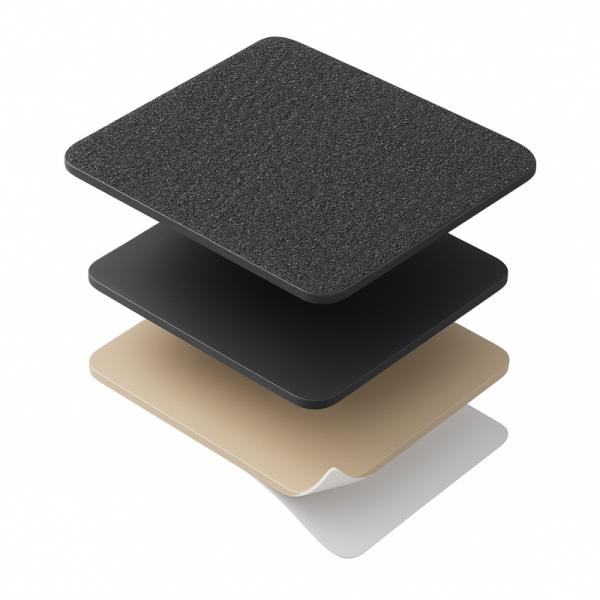 Camadas da fita antiderrapante: superfície abrasiva preta, dorso, adesivo PSA bege e liner branco destacável.