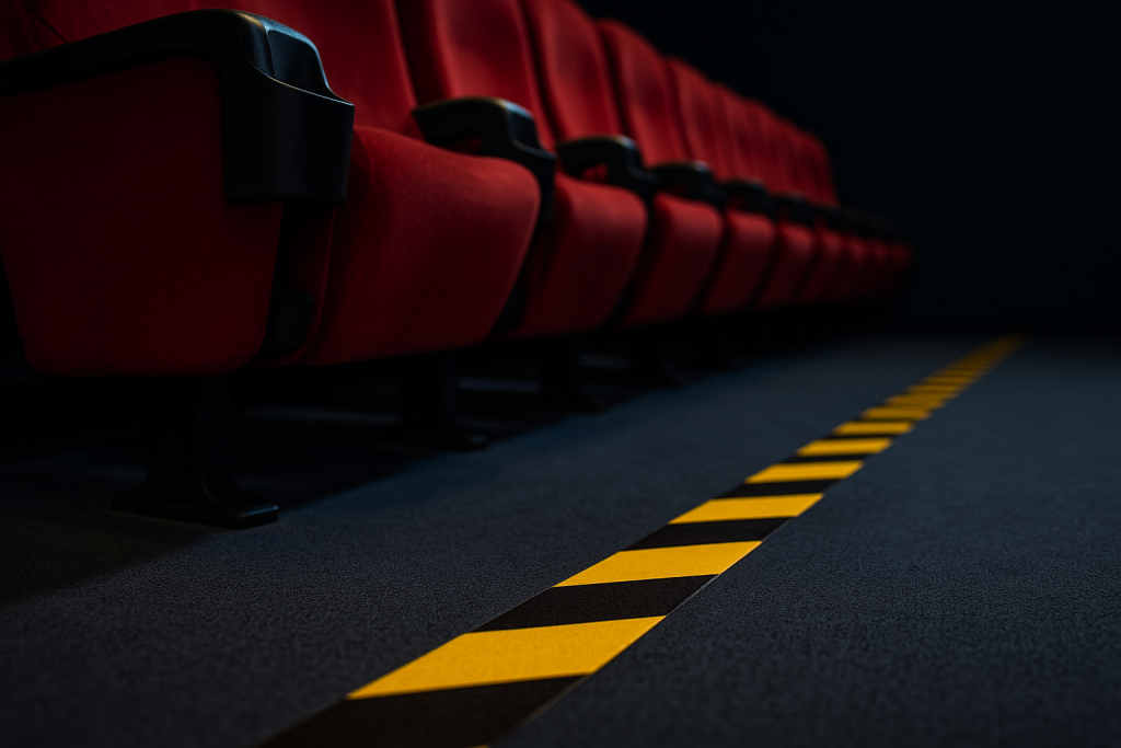 Fita de demarcação zebrada amarela e preta no corredor de cinema ao lado de poltronas vermelhas.