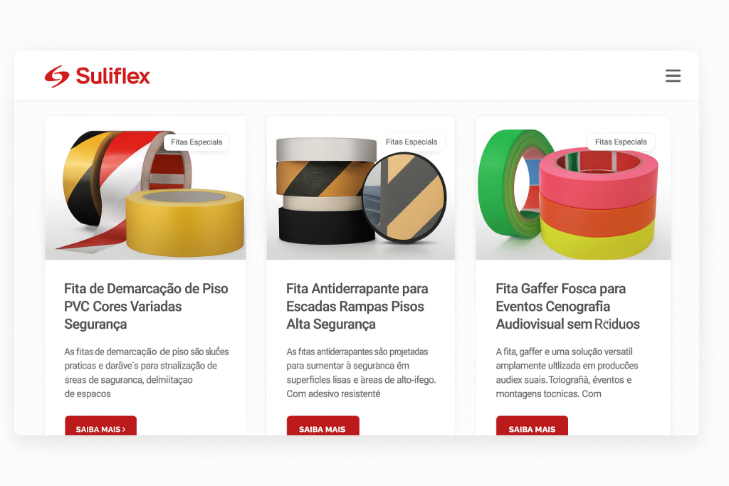Mockup do site da Suliflex com cabeçalho e três cards de produtos: fita de demarcação, fita antiderrapante e fita gaffer, cada um com imagem e botão.