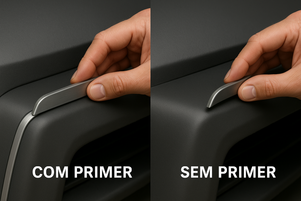 Comparativo mostrando aplicação de friso automotivo em para-choque plástico com primer, apresentando aderência perfeita, e sem primer, com falhas de colagem.