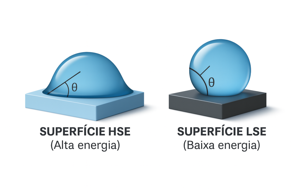 Diagrama comparativo mostrando gota de líquido em superfície HSE com ângulo de contato pequeno e em superfície LSE com ângulo de contato grande, ilustrando diferença de energia de superfície.