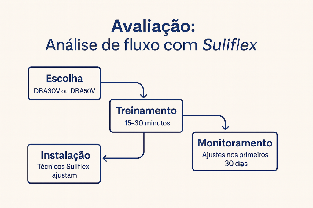 Fluxograma ilustrando o processo de análise de fluxo com a Suliflex, incluindo as etapas de escolha do modelo DBA30V ou DBA50V, treinamento de 15 a 30 minutos, instalação por técnicos especializados e monitoramento com ajustes nos primeiros 30 dias.