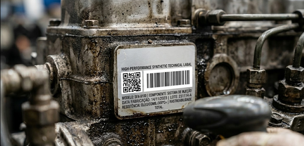 Etiqueta durável Suliflex resistente a óleo e combustível em motor industrial.