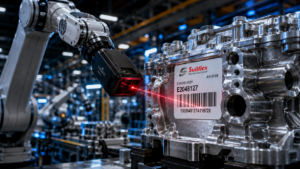 Leitor industrial escaneando etiqueta durável Suliflex com código de barras em componente automotivo