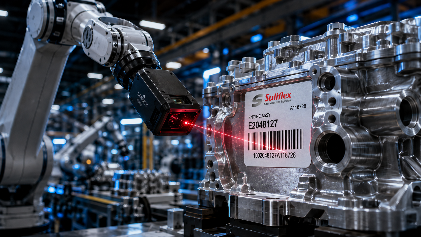 Leitor industrial escaneando etiqueta durável Suliflex com código de barras em componente automotivo