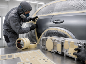 Aplicação de fita de mascaramento automotivo Suliflex e peças técnicas em ambiente industrial