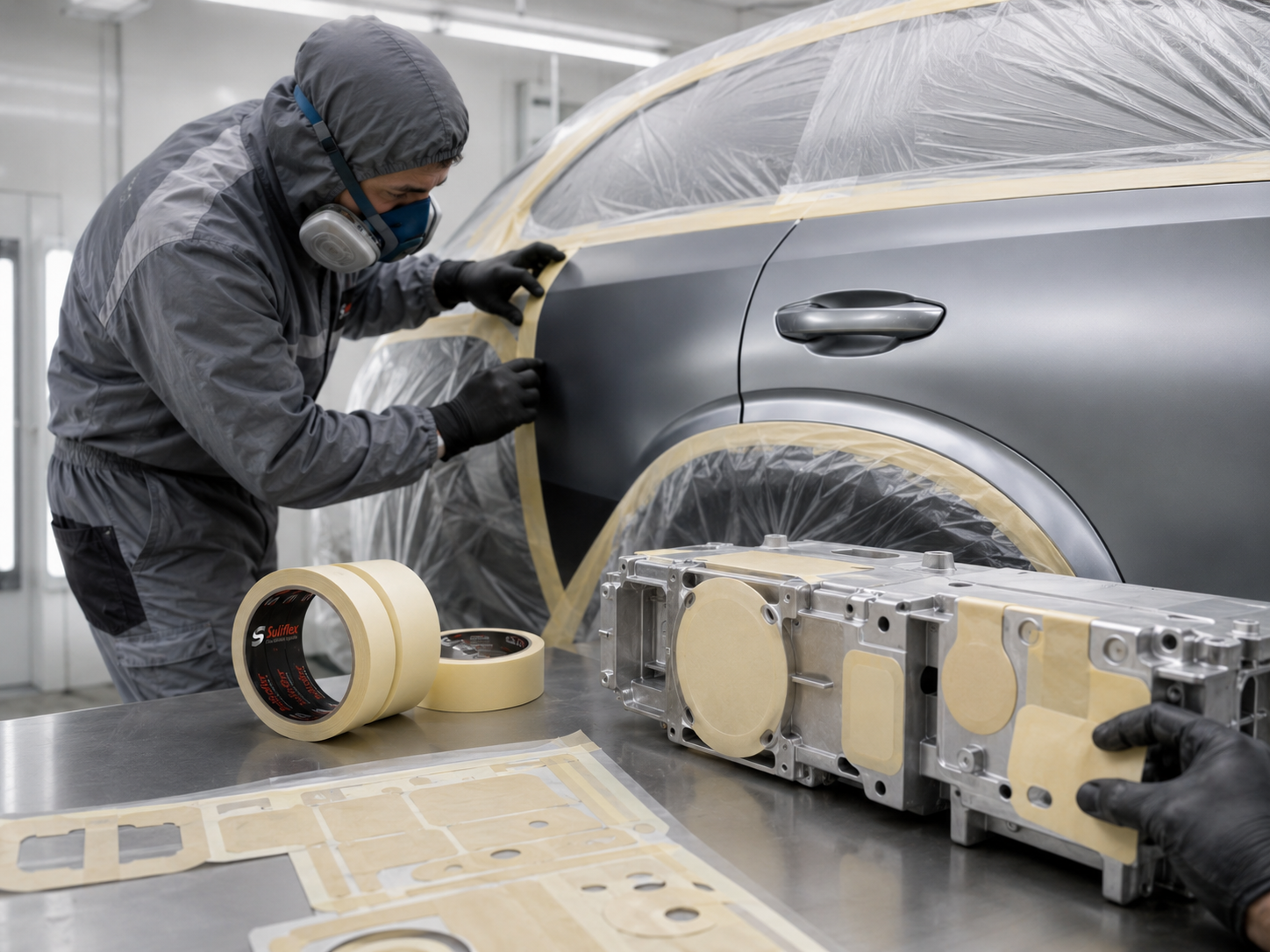 Aplicação de fita de mascaramento automotivo Suliflex e peças técnicas em ambiente industrial