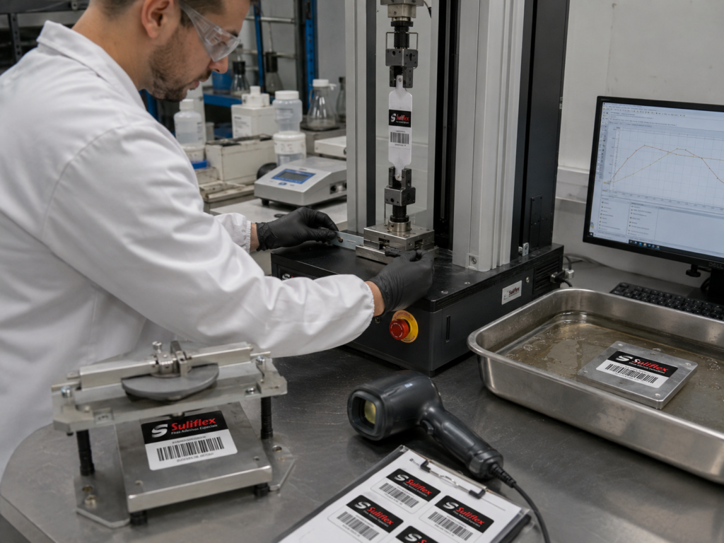 Ensaio e controle de qualidade de etiquetas duráveis em laboratório industrial